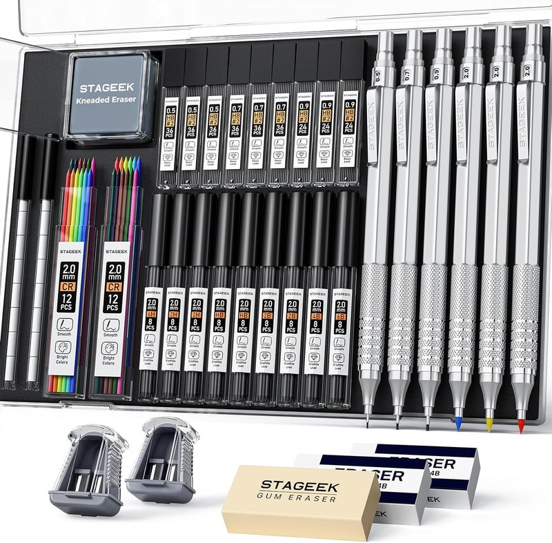 STAGEEK 35Pcs Art Mechanical Pencil Set with Case, 0.5 0.7 0.9 2.0 Graphite Metal Drawing Drafting Pencils, Sharpener Erasers 384PCS Lead Refills (6B 4B 2B HB 2H 4H Colors)Pencils for Writing Sketching,Silver - Image 1